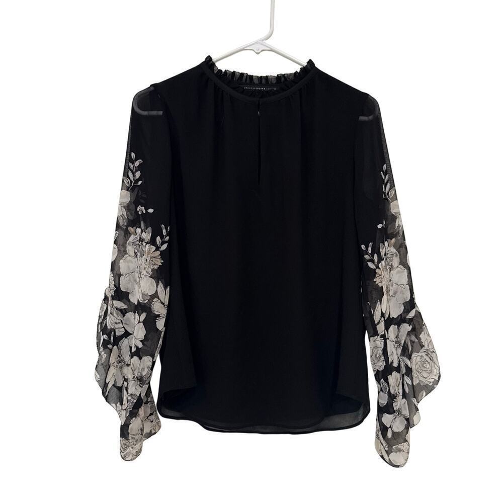White House Black Market High Neck Floral Sheer Sleeve Blouse Top Size XS